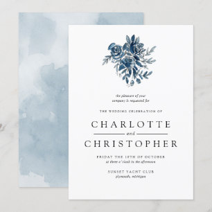 Blue indigo watercolor floral bouquet wedding invitation