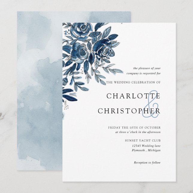 Blue indigo watercolor floral lineart wedding invitation (Front/Back)