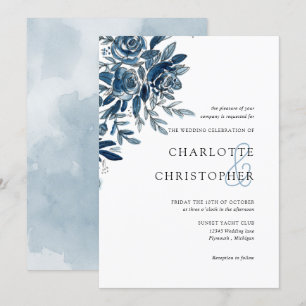 Blue indigo watercolor floral lineart wedding invitation