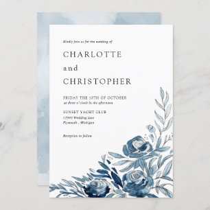 Blue indigo watercolor floral lineart wedding invitation