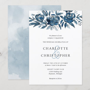 Blue indigo watercolor floral lineart wedding invitation