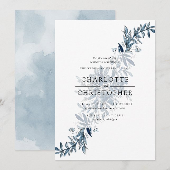 Blue indigo watercolor flower arrangement wedding invitation (Front/Back)