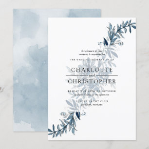 Blue indigo watercolor flower arrangement wedding invitation