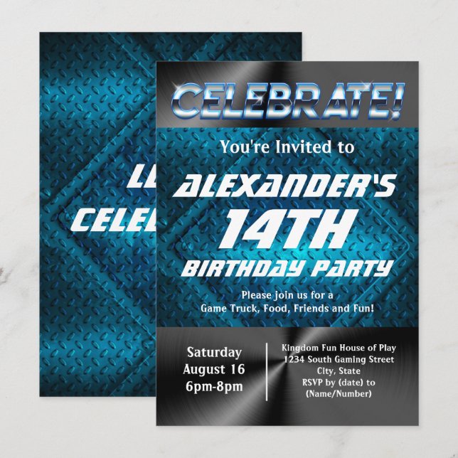 Blue Industrial Teen Tween Boys Gaming Birthday Invitation (Front/Back)