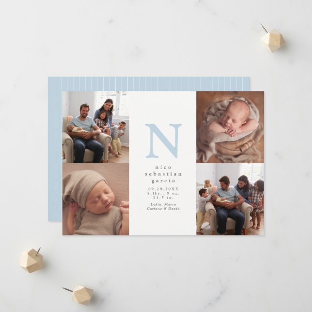 Blue initial four photo collage boy birth announcement (Front/Back In Situ)