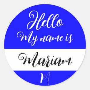 Blue (Initial Letter & Name) Hello My Name is Classic Round Sticker