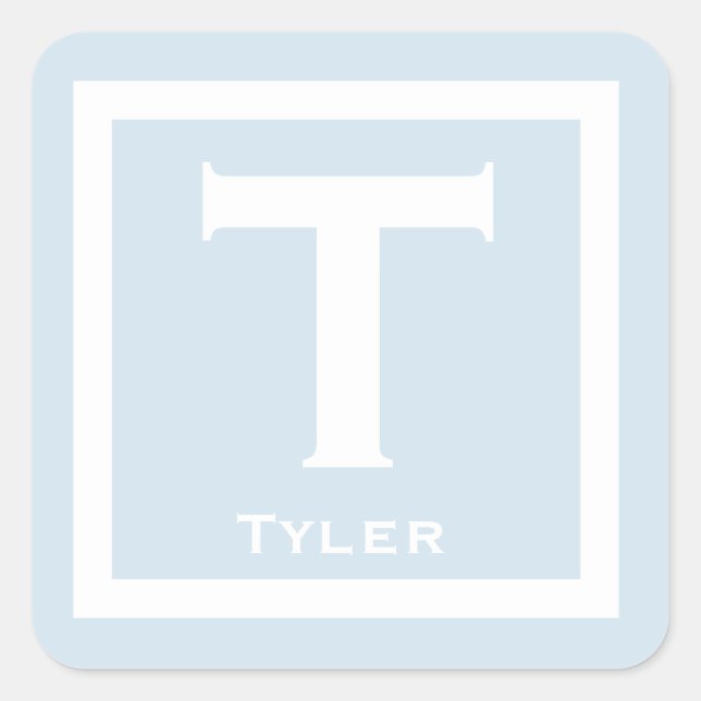 Blue Initial Name Kids Boy Party Back to School Square Sticker (Front)