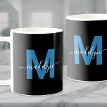 Blue Initial Name Monogram Coffee Mug<br><div class="desc">Personalised Modern Blue Black And White Initial Script Name Monogram Coffee Mug. This sleek monogram mug combines a modern minimalist style with a simple yet stylish look, perfect for any coffee or tea lover. Featuring a bold blue initial on a black background and a white script name, this mug has...</div>