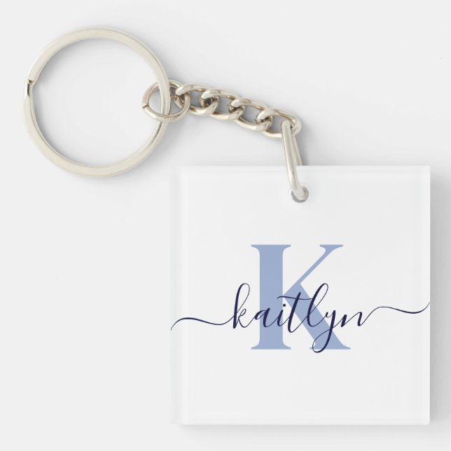 Blue Initial Name Monogrammed Key Ring (Front)