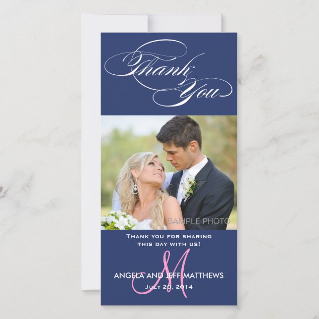 BLUE INITIAL SCRIPT WEDDING THANK YOU PHOTO CARD (Front)