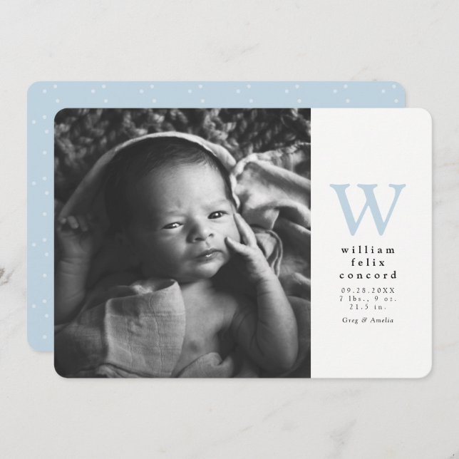 Blue initial simple Birth Announcement (Front/Back)