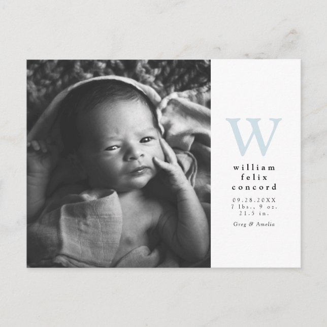 Blue initial simple Birth Announcement postcard (Front)