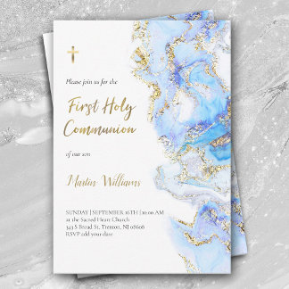 blue ink and FAUX glitter | First Holy Communion Invitation