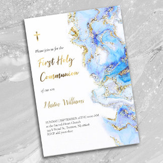 blue ink and FAUX glitter | First Holy Communion Invitation