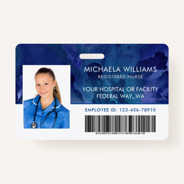 Blue Ink Employee Photo RN Hospital Barcode ID ID Badge (Front)