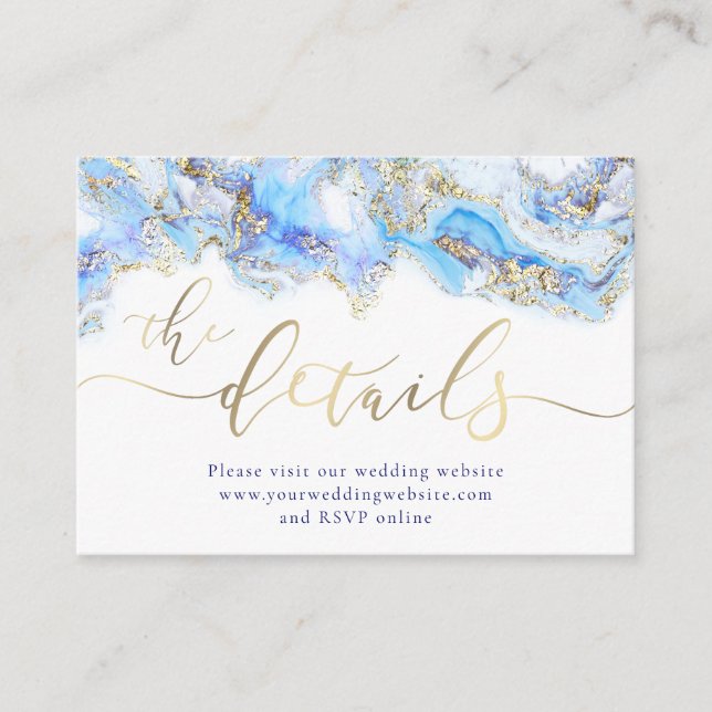 blue ink fluid marble Wedding Website Enclosure Card (Front)