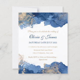 Blue Ink Gold Glitter Budget Wedding Invitation