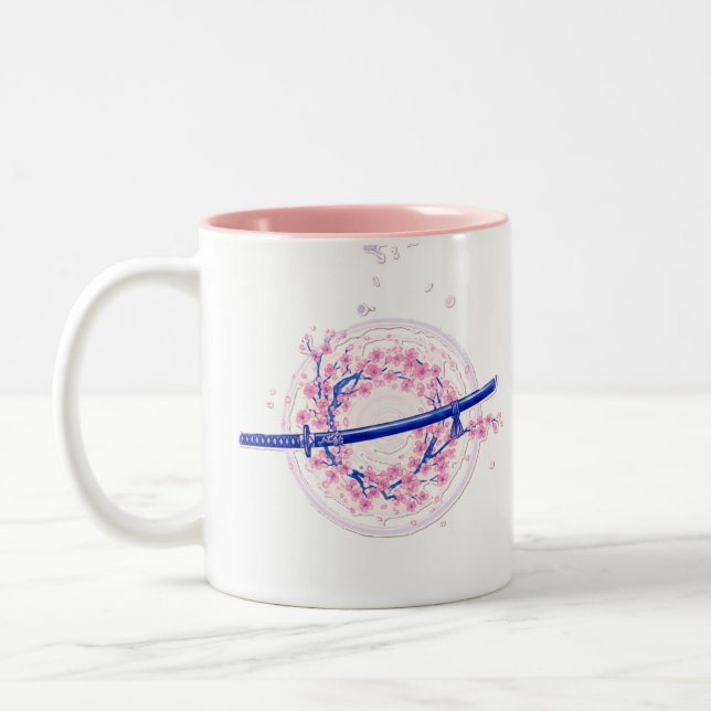 Blue Ink Katana & Cherry Blossom / Sakura Mug (Left)