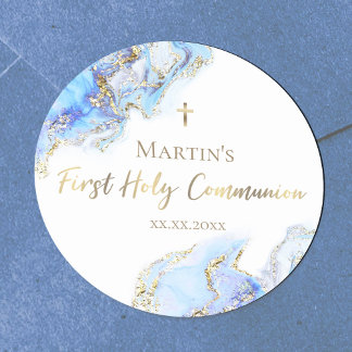 blue ink marble First Holy Communion Classic Round Sticker