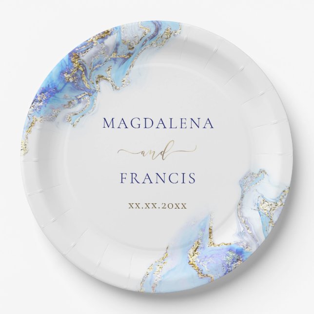 blue ink marble wedding paper plate (Front)