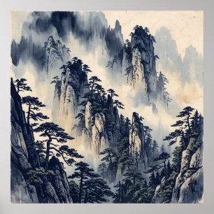 Blue Ink Misty Mountain Poster