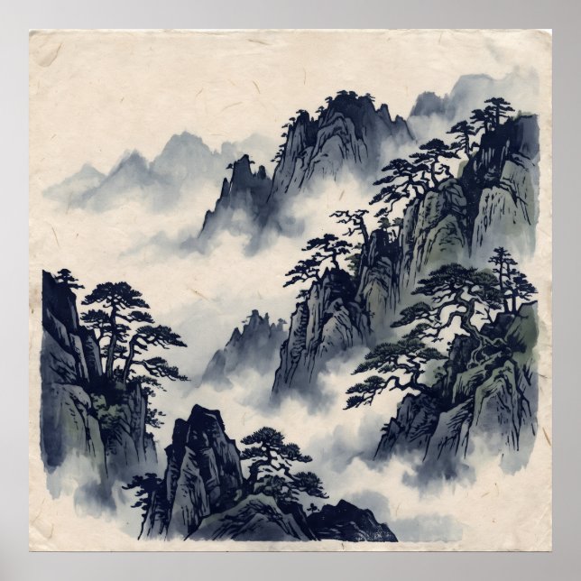 Blue Ink Mountain Forest Poster (Front)
