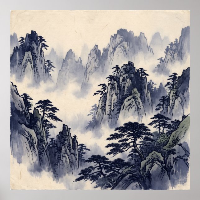 Blue Ink Mountain Landscape Poster (Front)
