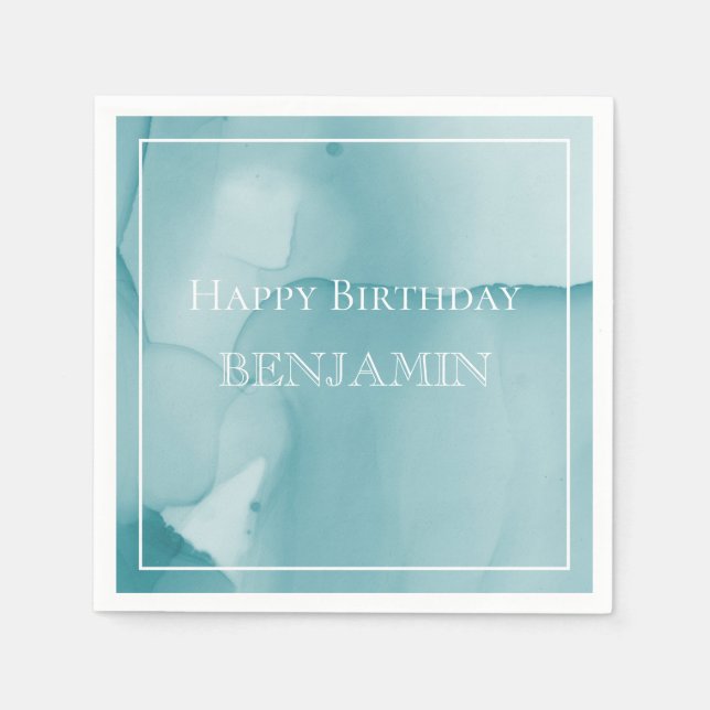 Blue Ink Watercolor Happy Birthday  Napkin (Front)