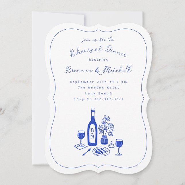 Blue Ink Whimsical Hand Drawn Rehearsal Dinner Invitation (Front)