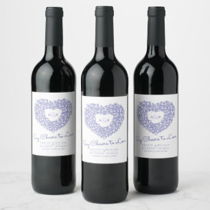 Blue ink white tulip heart bouquet wedding wine label
