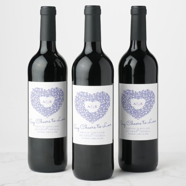 Blue ink white tulip heart bouquet wedding wine label (Bottles)
