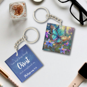 Blue Inspirational Philippians 4:13 Verse Floral  Key Ring