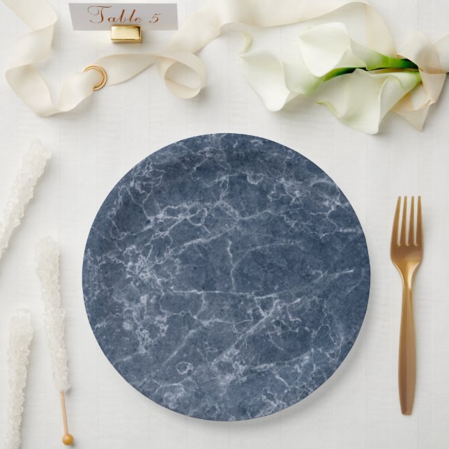 Blue Intricate Marble Texture Wedding Tableware Paper Plate (Wedding)