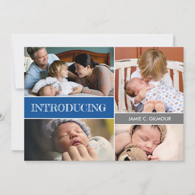 Blue Introducing 2nd baby boy Custom photo collage Announcement (Front)