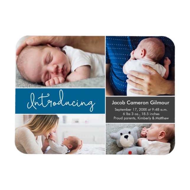 Blue Introducing Baby Boy Custom Photo Collage  Magnet (Horizontal)