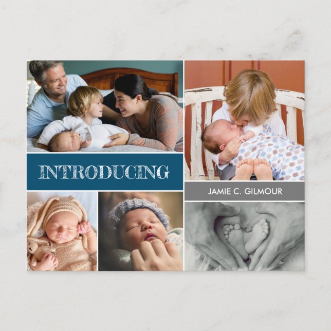 Blue Introducing Custom 2nd baby boy photo collage Announcement Postcard (Front)
