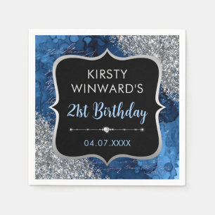 Blue Iridescent Glitter Mermaid Letters Birthday Napkin