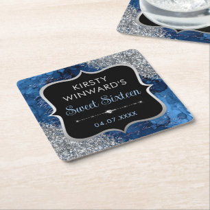Blue Iridescent Glitter Mermaid Letters Sweet 16 Square Paper Coaster