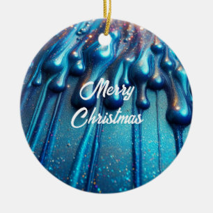 Blue Iridescent Liquid Drips Christmas Ceramic Tree Decoration