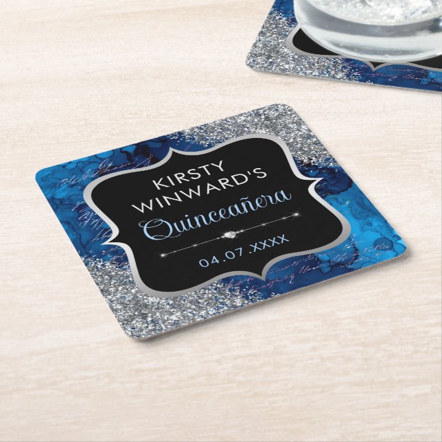 Blue Iridescent Mermaid Letters Quinceanera Square Paper Coaster (Angled)