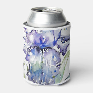 Blue Iris Art floral Watercolor Flower Art Can Cooler