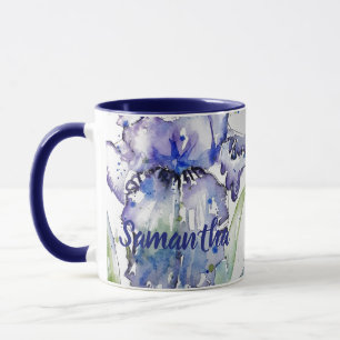 Blue Iris Art floral Watercolor Flower Womans Mug