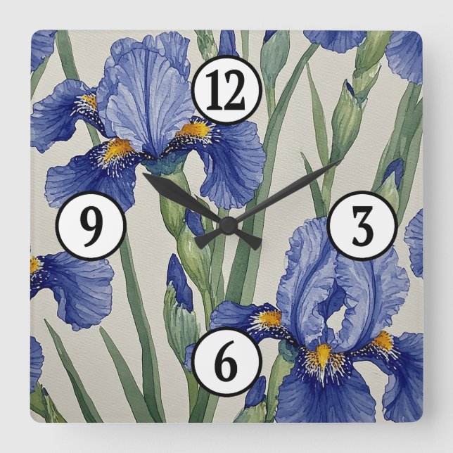 Blue Iris Blossoms Square Wall Clock (Front)