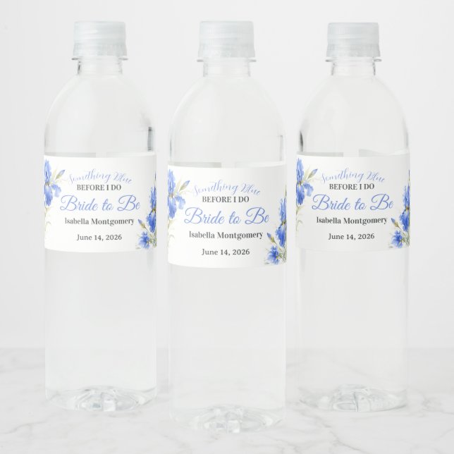 Blue Iris Bride to Be Something Blue Bridal Shower Water Bottle Label (Bottles)