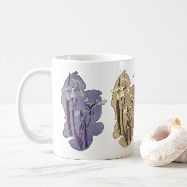 Blue Iris Floral Art Sepia Personalised  Coffee Mug (With Donut)