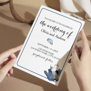 Blue iris floral coastal beach wedding invitation