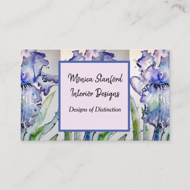 Blue Iris Floral Flowers Watercolour Business Card (Front)