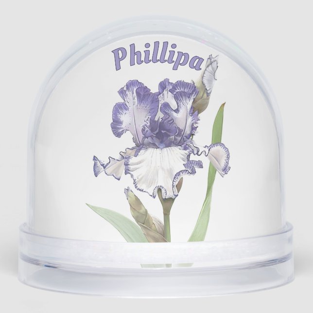 Blue Iris Flower Botanical Art Personalised Snowglobe (Front)