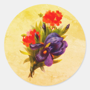 Blue Iris Flower Bouquet Vintage Art Classic Round Sticker