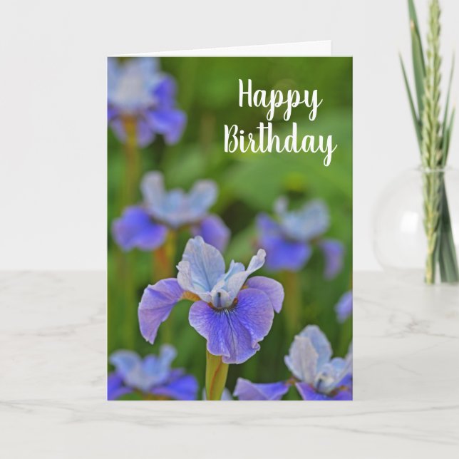 Blue Iris Flower Floral Happy Birthday  Card (Front)
